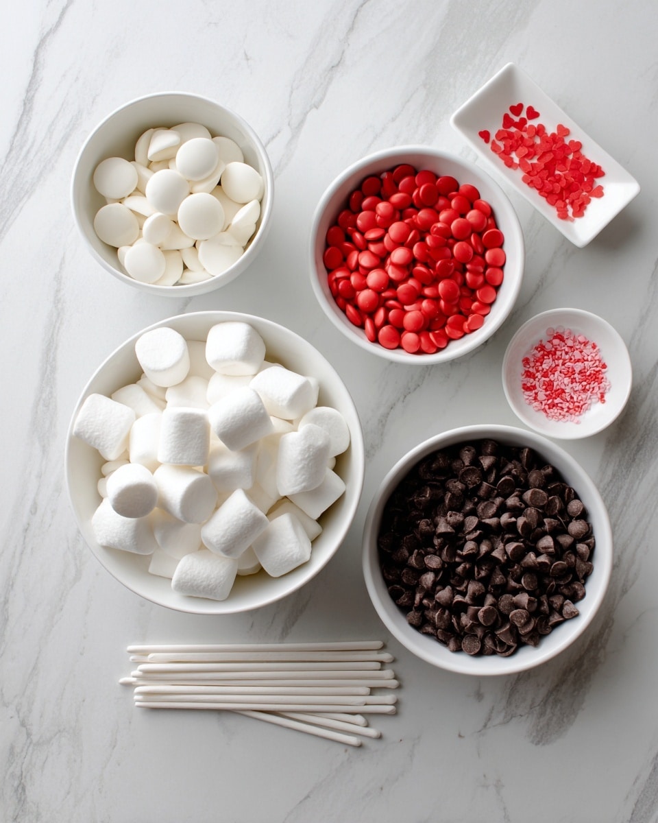 The image shows five white bowls on a white marbled surface, each holding different ingredients. The largest bowl, positioned on the bottom left, is full of big, soft white marshmallows with a smooth surface. Above it, a medium bowl contains round white candy melts that are flat with a slight shine. Next to it on the right is a smaller bowl filled with bright red round candy melts, similar in shape and smoothness to the white ones. To the far right, a spouted white bowl holds a large amount of small dark brown chocolate chips with a matte finish. At the top right corner, a small white dish contains tiny red heart-shaped sprinkles. Near the top left are several white lollipop sticks laid out in a bundle. The setup is neat and clean, with all items clearly visible on the white marbled surface, photo taken with an iphone --ar 4:5 --v 7