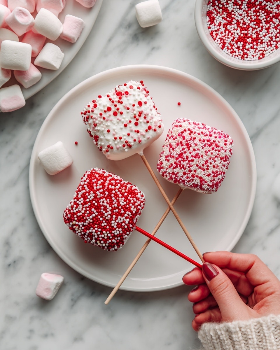 Three white marshmallows on red sticks lay on a round white plate with a white marbled surface underneath. Each marshmallow is covered with different sprinkles: the one on the left has white coating with small red and white sprinkles heavily covering it, the middle one is fully covered with red and white sprinkles, and the right one is covered more lightly in pink and white sprinkles. A woman's hand holding one red stick touches the right side. In the background, there is a white plate piled with marshmallows coated in red and white sprinkles and a small white bowl filled with the same sprinkles. photo taken with an iphone --ar 4:5 --v 7