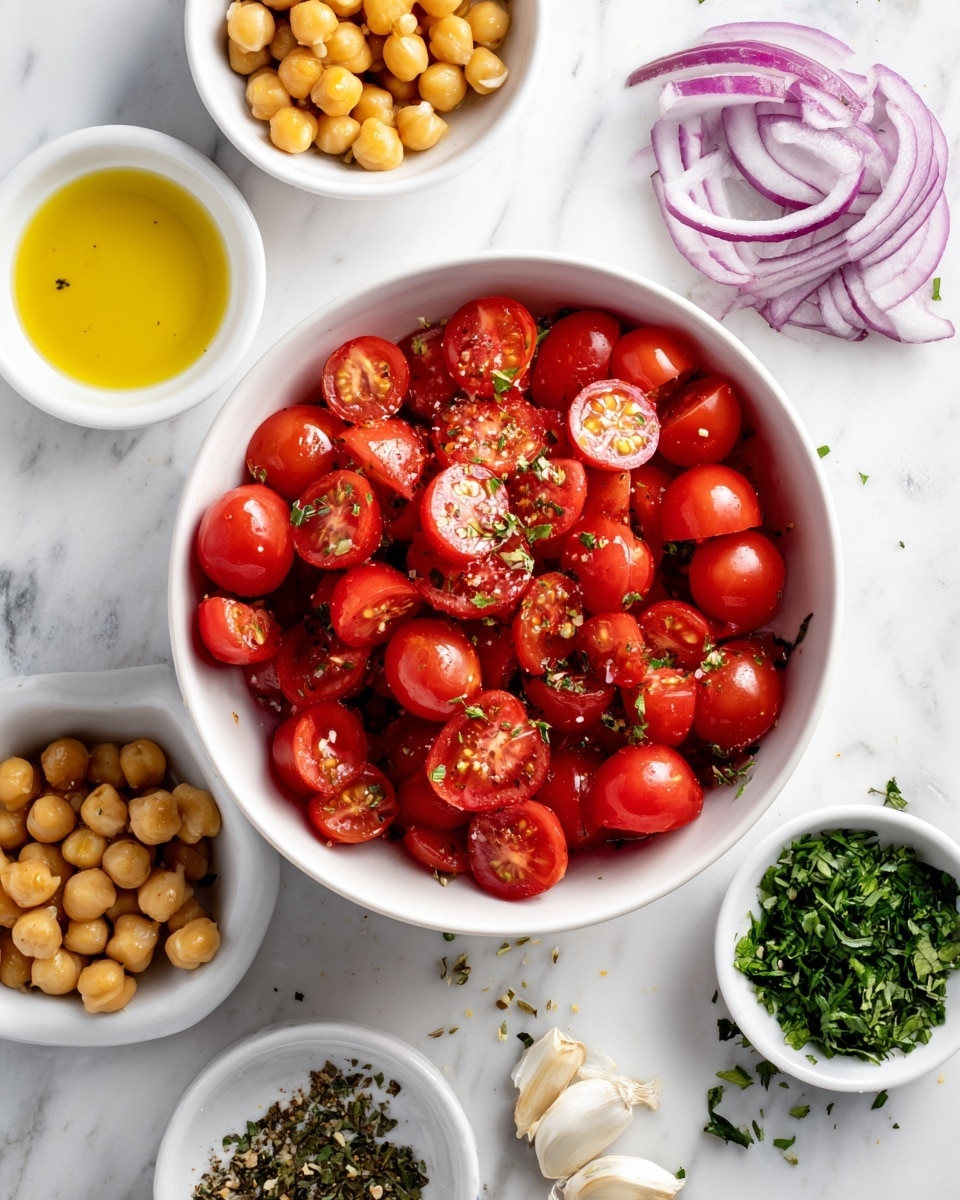 The image shows a white bowl filled with bright red cherry tomatoes sliced in half, placed on a white marbled surface. Around the bowl, there are small white dishes holding sliced purple onions, golden chickpeas, chopped green herbs, capers, and olive oil with garlic cloves. The items create a colorful, fresh, and organized look with a mix of textures from smooth tomatoes to crunchy chickpeas. photo taken with an iphone --ar 4:5 --v 7