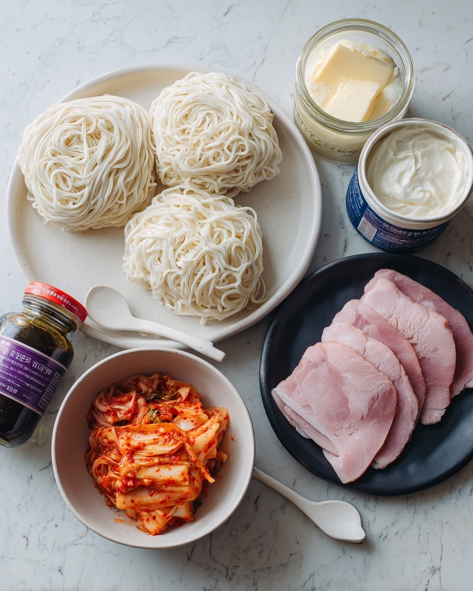 Two blocks of thick white ramen noodles with a soft texture are placed side by side on a white round plate. Next to it, a white ceramic spoon holds a dollop of pale yellow butter, and behind it is a jar of thickened cream with a blue label. To the right, on a black plate, there are several pieces of sliced pink ham with some white fat. Below the noodles, a white bowl contains bright orange-red kimchi with green bits. Near the bottom left, there is a dark glass bottle of sesame oil with a purple label, and above it, a container of bright red chili paste with a white and red lid. All items are arranged on a surface with a white marbled texture. photo taken with an iphone --ar 4:5 --v 7
