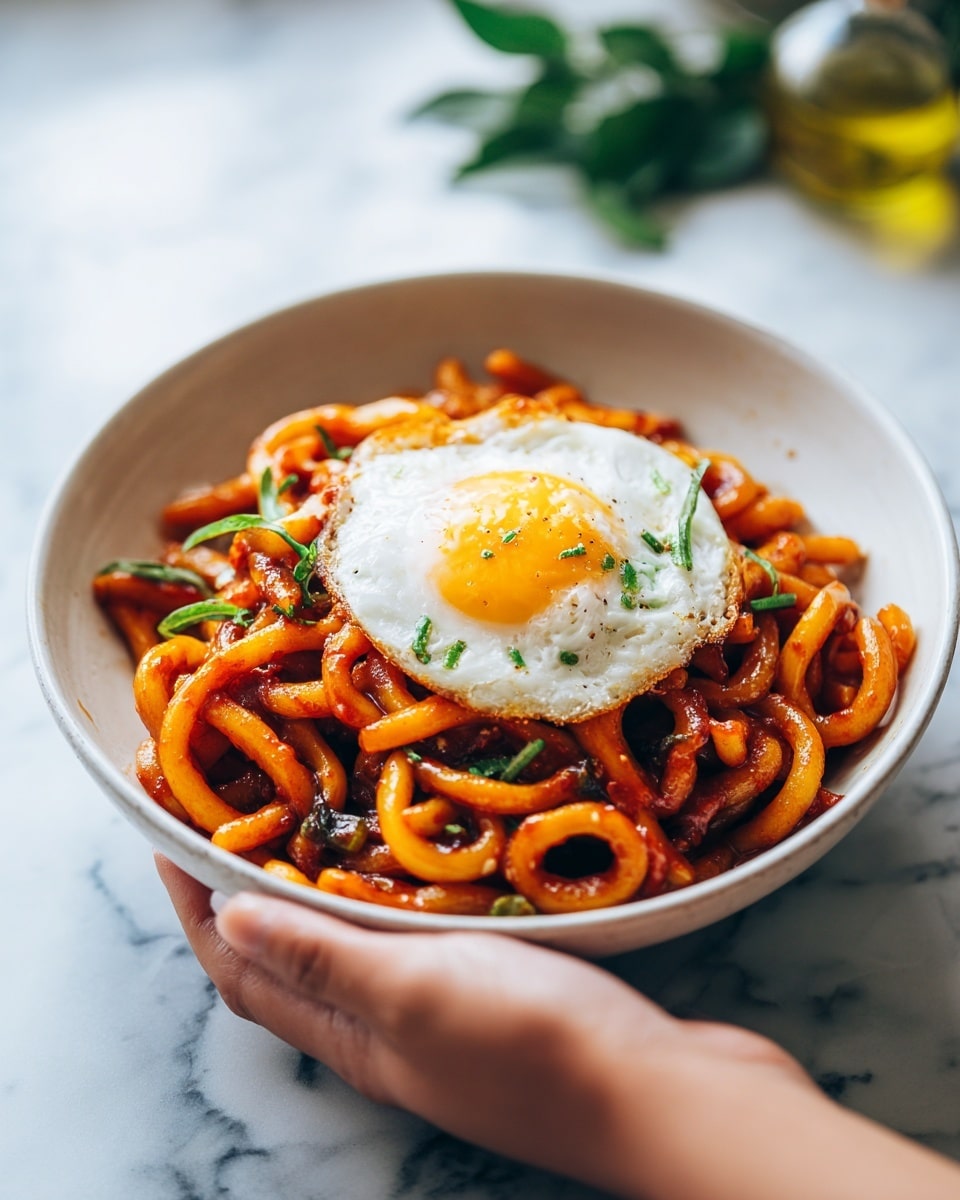 A round white bowl filled with thick, twisted noodles covered in a rich, orange-red sauce sits on a white marbled surface. On top of the noodles, there is one sunny-side-up fried egg with a bright yellow yolk and slightly crispy white edges. Small green herbs are scattered over the noodles, adding a fresh green contrast. A woman's hand is reaching from the right side of the image, gently holding the bowl. In the blurred background, there are some green leaves and a bottle of olive oil on the white marbled surface. photo taken with an iphone --ar 4:5 --v 7