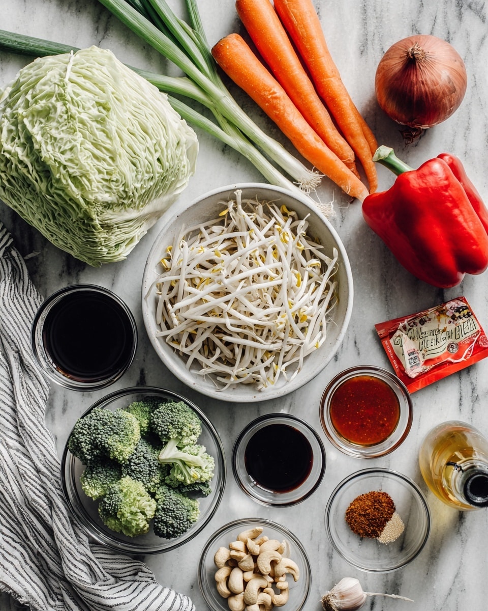 The image shows a collection of fresh ingredients arranged on a white marbled surface with two striped cloths nearby. There is a half head of green cabbage on the top left, next to two whole orange carrots and several green onions. Below them is a whole red bell pepper beside a red onion and a clear bowl filled with green broccoli florets. There is also a small white bowl full of cashew nuts in the front center. A large white bowl is filled to the top with white bean sprouts positioned near the center. Scattered around in small clear glass bowls are various sauces and spices: a dark soy sauce, dark hoisin sauce, reddish chili sauce, a brown powder spice, a small amount of oil in a glass bottle, three garlic cloves, and a bit of honey or syrup. A red packet of dry chow mein noodles rests on the right side. Everything is neatly arranged and ready for cooking, photo taken with an iphone --ar 4:5 --v 7