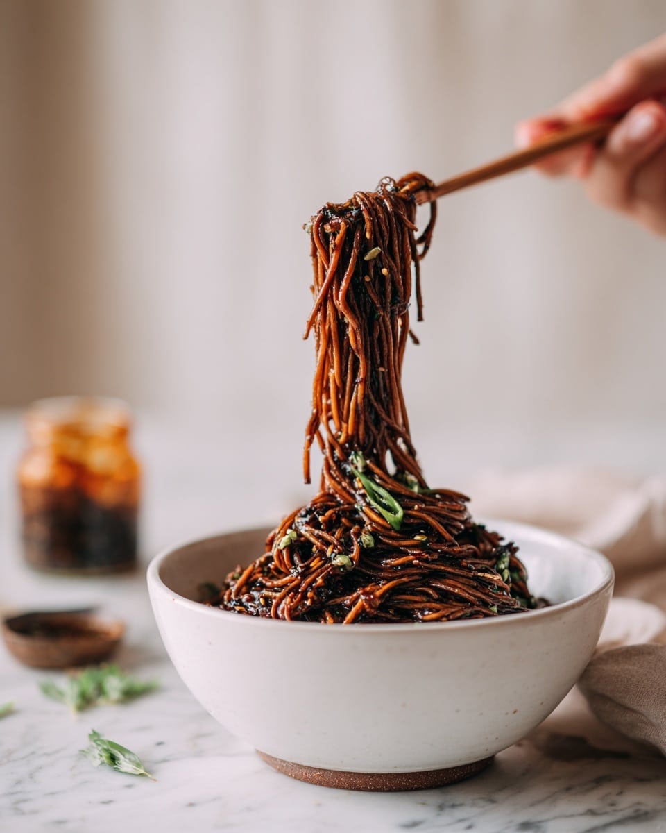 A white bowl filled with dark brown noodles sits on a white marbled surface. The noodles look thick and slightly shiny, with some green bits mixed inside. A pair of chopsticks held by a woman's hand lifts a dense clump of noodles above the bowl. In the background, there are blurred elements like a small jar with sauce and some green herbs on the white marbled surface. The lighting is soft and natural, giving the noodles a warm and appetizing look. photo taken with an iphone --ar 4:5 --v 7