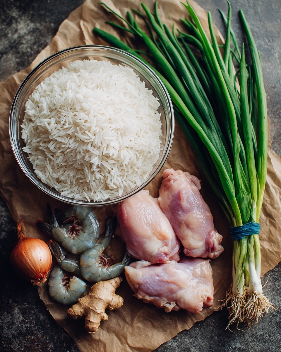 A clear glass bowl filled with white uncooked rice sits on the left top corner of the image over brown parchment paper. To the right of the bowl, there is a bunch of fresh green onions tied with a blue rubber band, lying diagonally. Below the green onions, there is a small pile of raw shrimp with a translucent pink-gray color and curled tails. Next to the shrimp, two pieces of raw pink chicken thighs lay side by side. Around the chicken, bright green leafy vegetables provide a fresh contrast. At the bottom right corner, a piece of ginger with a rough light brown skin lies next to a light brown shallot with smooth skin. The ingredients rest on brown parchment paper laid on a dark gray surface with a rough texture. photo taken with an iphone --ar 4:5 --v 7