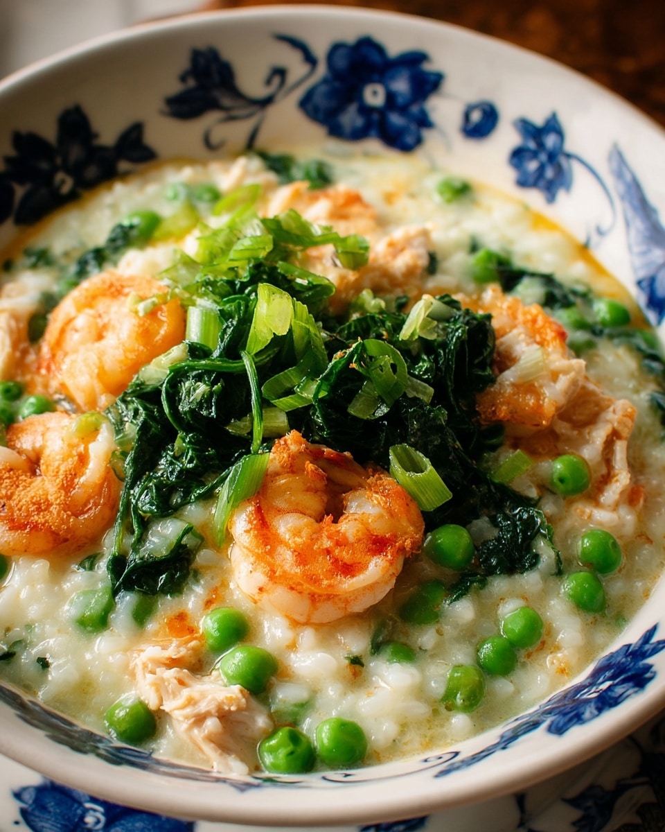 A close-up image of a creamy mixed rice dish in a white bowl with blue flower patterns, showing several layers: the base is a thick white rice porridge with a smooth texture, scattered bright green peas throughout, tender orange shrimp with a firm, slightly translucent look placed on top and around the dish, soft light brown pieces of chicken mixed evenly within, and fresh dark green leafy vegetables spread over the center, slightly wilted and coated in the creamy sauce, the whole dish appears warm and comforting, photo taken with an iphone --ar 4:5 --v 7