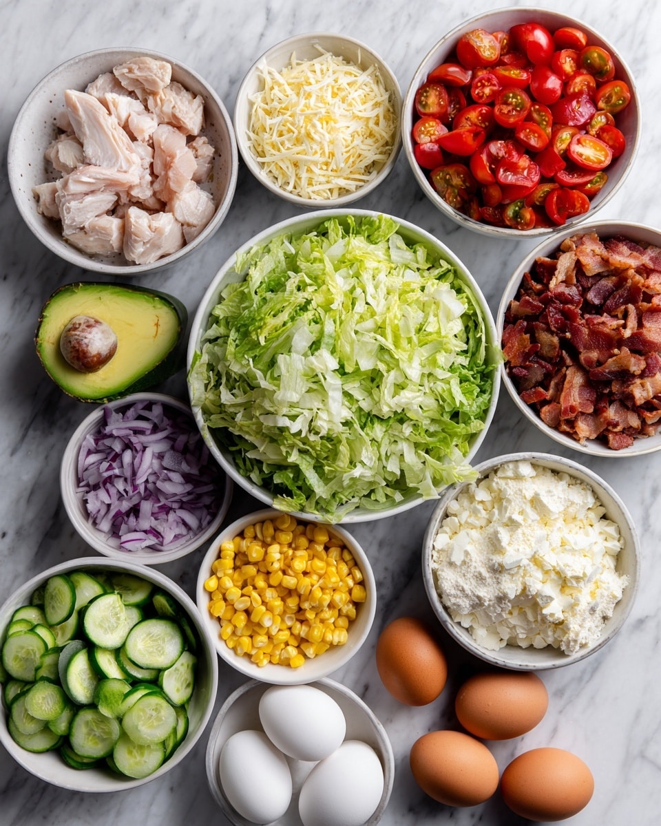The image shows many small white bowls arranged on a white marbled surface, each filled with different fresh ingredients. There are raw chicken pieces in one bowl, finely shredded green lettuce in the largest bowl in the center, chopped red onions, sliced cucumbers, bright yellow corn kernels, halved cherry tomatoes, crispy bacon bits, sliced avocado, grated white cheese, white flour, and whole brown eggs. The ingredients are colorful and fresh, with a clean and neat appearance. photo taken with an iphone --ar 4:5 --v 7