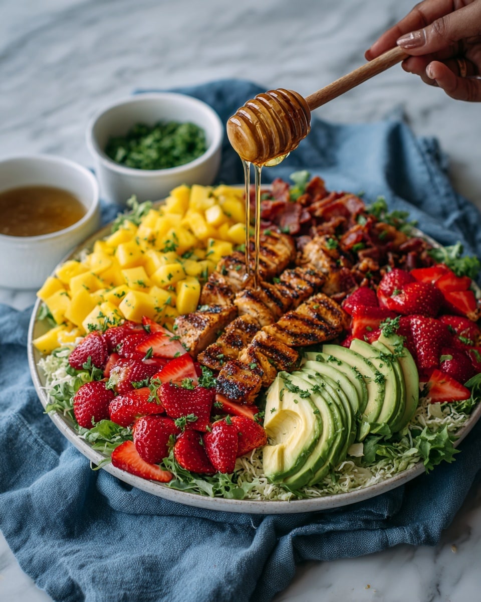 A large white plate is full of a colorful salad with many layers: shredded green lettuce at the bottom, topped with grilled pieces of golden brown chicken, slices of yellow mango, red strawberries, sliced avocado, and small pieces of bacon scattered on top. The salad also has some green parsley leaves sprinkled all over. A woman's hand is holding a wooden honey dipper above the salad, dripping honey onto the ingredients. Beside the plate, there are two small white bowls, one with chopped green herbs and the other with a brown dressing. The whole setting is on a white marbled surface with a blue cloth under the plate. Photo taken with an iphone --ar 4:5 --v 7