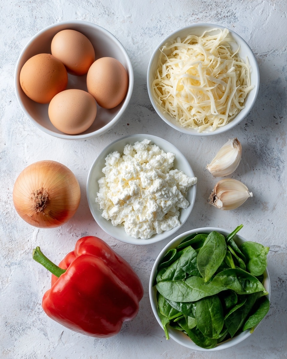 The image shows several ingredients placed separately on a white marbled surface, ready for cooking. There is a white bowl full of brown eggs in the top left, a white bowl with shredded cheese beside it on the right, and two cloves of garlic resting on the surface nearby. Below these, a white bowl filled with cottage cheese sits in the middle. On the bottom left, there is a whole onion and next to it a red bell pepper placed on the surface. At the bottom right, a white bowl contains fresh green spinach leaves. The photo taken with an iphone --ar 4:5 --v 7