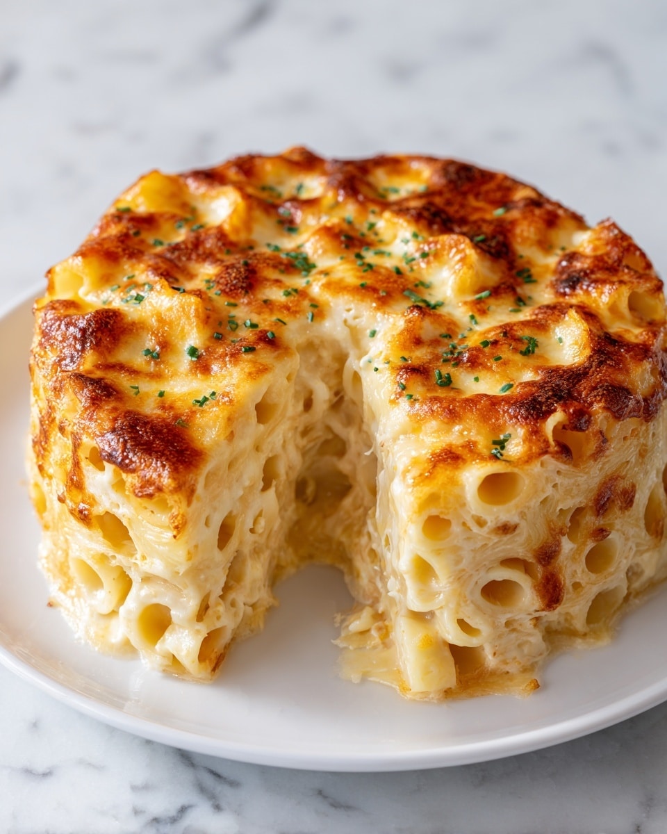 A round, thick mac and cheese cake with a golden-brown, slightly crispy top layer of melted cheese, garnished with small green herb pieces. The inside layers show creamy pale yellow macaroni and cheese, dense with soft pasta and smooth cheese sauce, visible through a section scooped out. The cake sits on a simple white plate, placed on a white marbled surface. The photo taken with an iphone --ar 4:5 --v 7