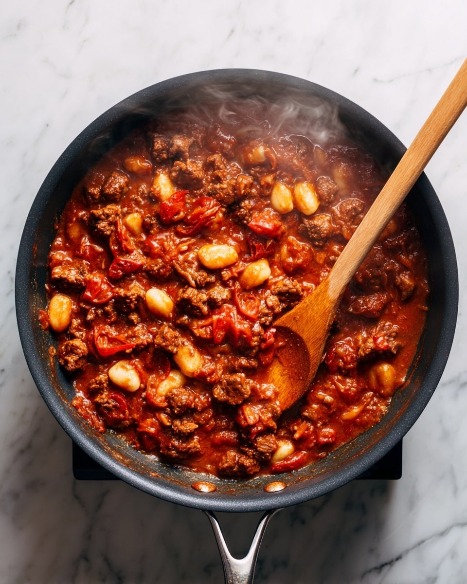 A black pan filled with a bubbling mixture of rich brown sauce, chunks of red tomatoes, and finely browned meat pieces, with bright white gnocchi floating on top. A wooden spoon with a long handle is partially submerged, stirring the thick sauce. The pan rests on a white marbled surface with a clear view of the steam rising from the hot food. photo taken with an iphone --ar 4:5 --v 7