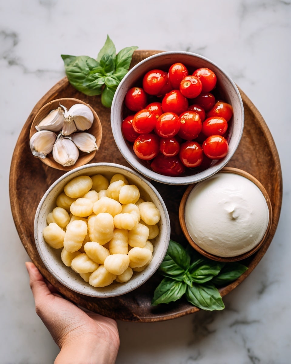 The image shows a round wooden tray on a white marbled surface, holding five white bowls with different ingredients. One bowl is filled with pale yellow gnocchi, smooth and small. Another bowl contains bright red and ripe grape tomatoes, shiny and oval. There is a bowl with a smooth, white ball of mozzarella cheese on a small wooden dish. A smaller white bowl holds a creamy, thick white liquid, probably cream or milk. On the tray, there are also fresh green basil leaves and three cloves of garlic with papery skin, placed directly on the wooden surface. A woman's hand is slightly visible at the edge holding the tray. Photo taken with an iphone --ar 4:5 --v 7