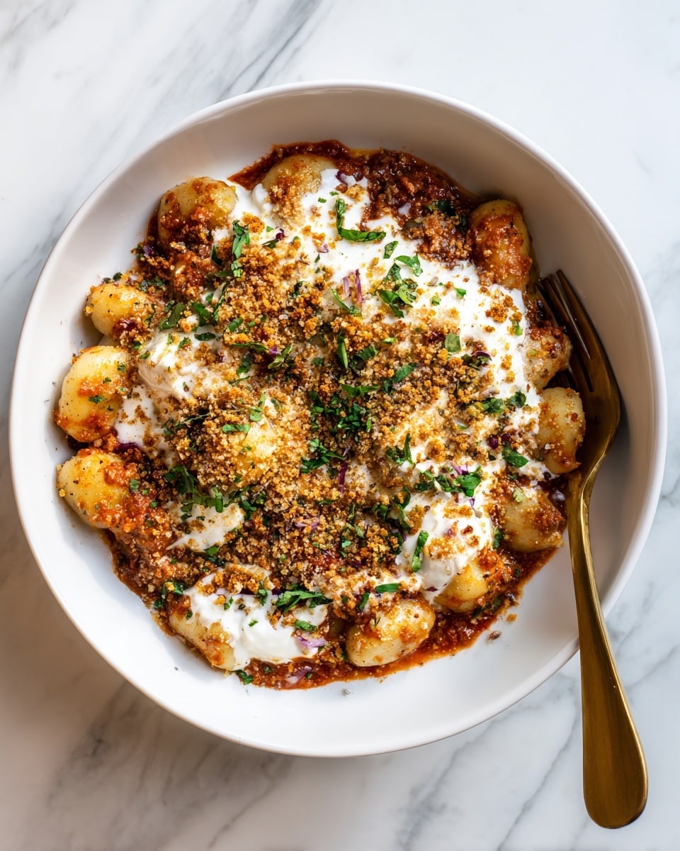A deep white bowl filled with soft gnocchi coated in rich reddish-brown meat sauce forms the base layer. On top of this, a dollop of creamy white cheese is spread unevenly, melting into the sauce below. The entire dish is sprinkled with a generous layer of golden-brown toasted breadcrumbs mixed with small bits of herbs scattered across the surface. A bronze fork is partially stuck into the food on the right side of the bowl. The bowl sits on a white marbled surface. photo taken with an iphone --ar 4:5 --v 7