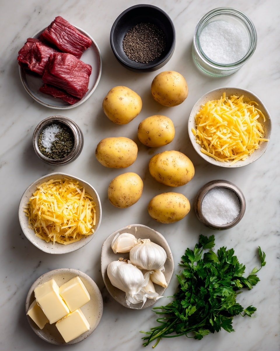 The image shows a white marbled surface with neatly arranged ingredients for a meal. There are nine small whole yellow potatoes in the center. To the left are two pieces of raw red meat, a small white bowl, a black bowl with dark grains, a glass jar of salt, and another glass jar filled with black pepper. To the right, there are two bowls of shredded yellow cheese, a cluster of fresh green herbs, and two peeled garlic bulbs. At the bottom, there is a stack of cubed butter and a small bunch of fresh parsley. Everything is placed separately and clearly visible. photo taken with an iphone --ar 4:5 --v 7