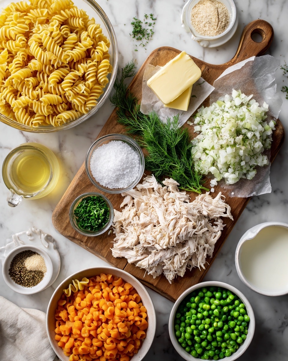 A wooden board sits on a white marbled surface, holding chopped green celery pieces on the top left, a small glass bowl of white salt in the center, chopped white onion on the right, and shredded white chicken meat at the bottom right. On the top middle, fresh green dill rests next to a small glass measuring cup of light yellow liquid and a block of butter on paper. Surrounding the board, there is a large glass bowl of uncooked yellow spiral pasta on the left, a white bowl filled with diced orange carrots and green peas on the right, a glass measuring cup with white cream near the top right, a white plate with ground spices and flour near the bottom right, and a cup of light yellow broth near the bottom left. A woman's hand is partially visible reaching from the left side, adjusting garlic cloves near the bottom left. photo taken with an iphone --ar 4:5 --v 7