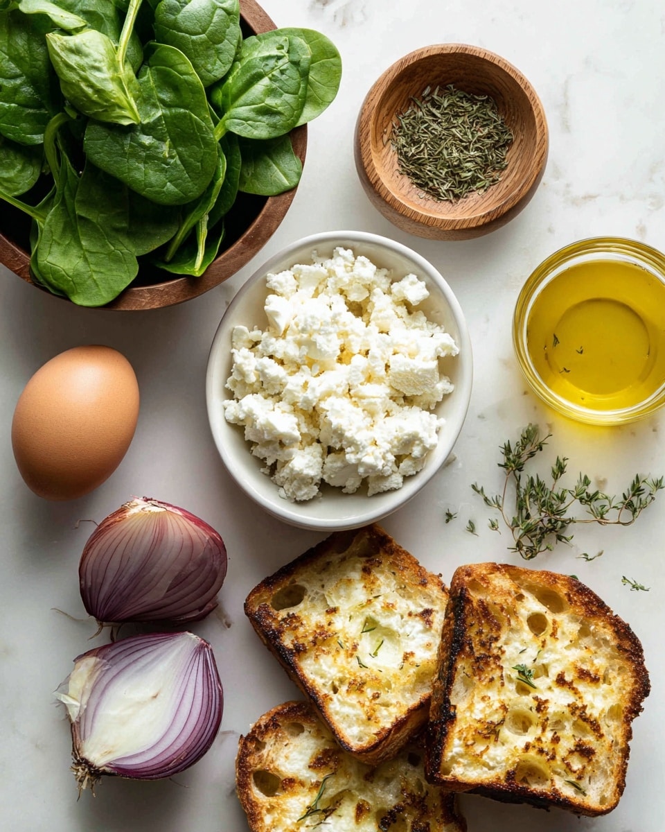 The image shows ingredients layered on a white marbled surface; fresh green spinach leaves are on the left side, next to a brown egg and half a purple onion with visible layers inside. Above, there's a small wooden bowl with dried herbs and a white bowl filled with white crumbled cheese, positioned near four square toasted bread pieces with golden brown spots. To the right, a glass container holds yellow olive oil. Small dried herbs are scattered near the center. Photo taken with an iphone --ar 4:5 --v 7