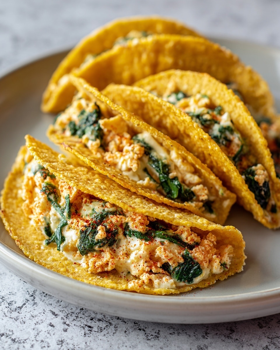 The image shows a white round plate on a white marbled surface with three crispy, golden-brown taco-shaped shells. Each shell is filled with a creamy mixture of white cheese and finely chopped green spinach, giving a textured look with specks of green inside the yellow, crunchy outer shell. The shells are arranged close to each other, slightly overlapping, and the lighting highlights the crisp edges and creamy filling very clearly. Photo taken with an iphone --ar 4:5 --v 7