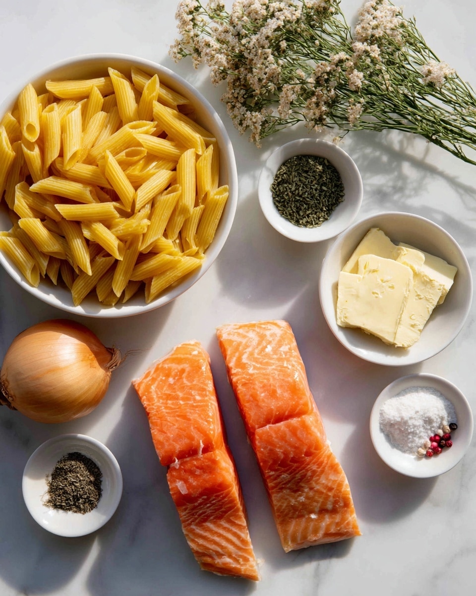 The image shows a white bowl filled with yellow dry penne pasta on the bottom left corner and a white bowl with two bright orange salmon fillets at the bottom right. Surrounding these bowls, there are smaller white bowls and a whole yellow onion on a white marbled surface. These smaller bowls contain a pale off-white powder, dark green dried herbs, a smooth yellow square of butter, a white creamy liquid, and a mixture of spices including black, white, and red colors. A soft sprig of green dried flowers is placed near the top left. The arrangement is neat and all items are clearly visible. Photo taken with an iphone --ar 4:5 --v 7
