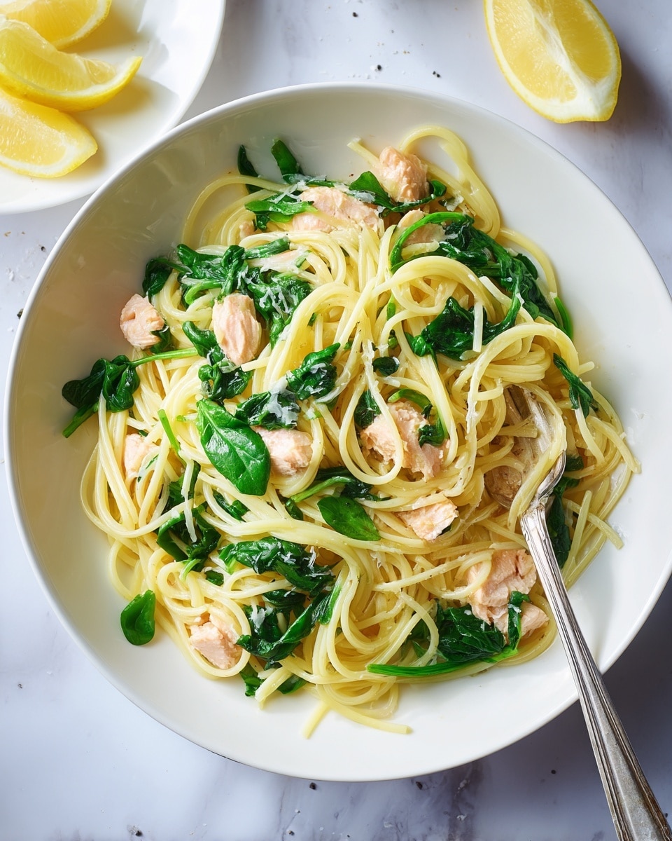The image shows a white round bowl filled with spaghetti pasta mixed with pieces of cooked salmon and fresh green spinach leaves. The spaghetti strands are light yellow with a slight shine, and the salmon chunks are pale pink with a tender texture. The spinach leaves are bright green and scattered evenly on top and throughout the pasta. A silver fork is placed inside the bowl with its handle resting on the bowl’s edge. Nearby, there is a white plate with lemon wedges on a white marbled surface. The overall look is fresh and inviting, with soft natural lighting. photo taken with an iphone --ar 4:5 --v 7