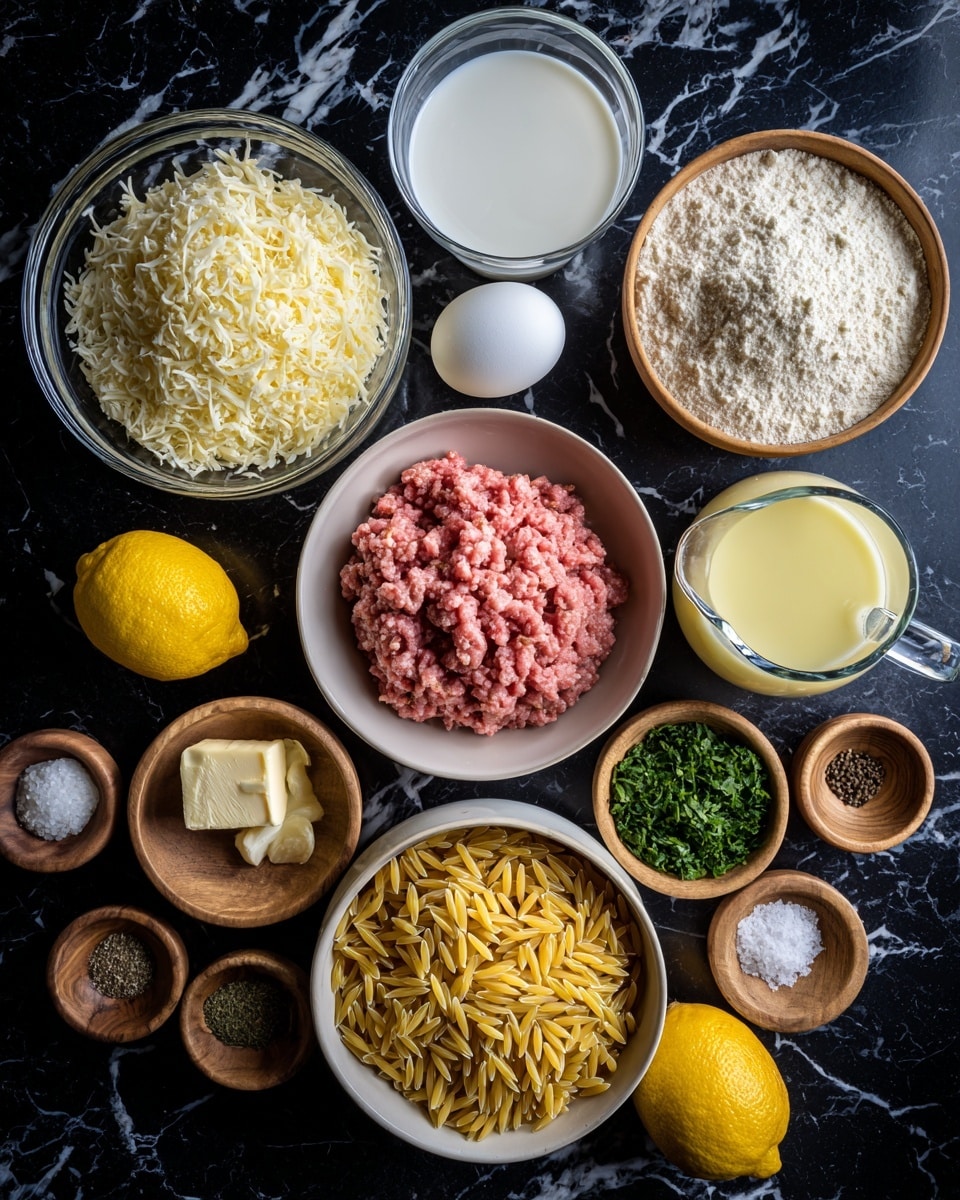 The image shows various cooking ingredients arranged neatly on a dark surface with a white marbled texture. Starting from the bottom right, there is a white bowl filled with pink ground meat. Above it, there is a yellow lemon. To the left, there is a glass bowl filled with shredded white cheese. Above the cheese, a glass container holds a small amount of white milk. Near the center, a white bowl is filled with uncooked golden orzo pasta. Surrounding these main bowls, small wooden bowls contain minced garlic, a small piece of butter, green chopped herbs, and various spices such as salt, black pepper, and a light tan seasoning. There is also a white egg at the top center, a small glass container with more white milk to the right of the egg, and a clear measuring jug filled with light yellow broth placed on the right side. The photo taken with an iphone --ar 4:5 --v 7