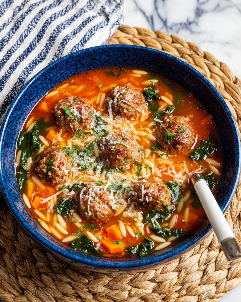 A blue bowl filled with a warm soup that has six round brown meatballs spread evenly on top, sitting in an orange-red broth. The soup includes small white orzo pasta pieces, bright orange carrot chunks, and dark green leafy vegetables scattered throughout. The dish is lightly sprinkled with white grated cheese and chopped green herbs. A silver spoon with a white handle is partially resting inside the bowl on the right side. The bowl sits on a woven mat with a white cloth featuring blue stripes in the background on a white marbled surface photo taken with an iphone --ar 4:5 --v 7