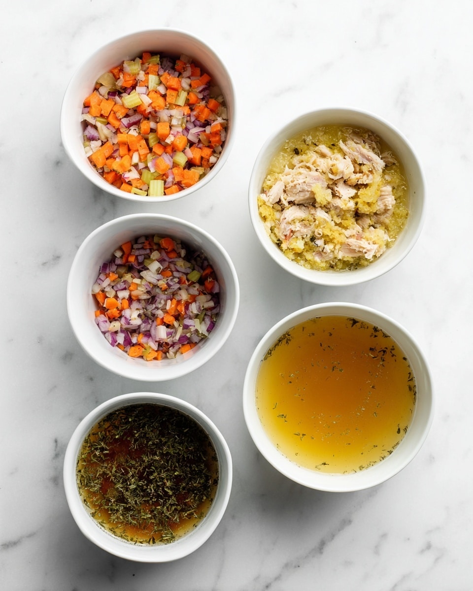 A white bowl on a white marbled surface is filled with a mix of chopped carrot slices, celery pieces, and small chunks of cooked chicken layered evenly. Another white bowl contains the same vegetables with added pieces of red onion layered on top. A food processor bowl is shown next, holding all these ingredients, which get blended until finely chopped with a slight colorful texture of orange, green, white, and purple bits visible. The next image shows the mixture transformed into a more uniform yellowish paste inside the food processor. Finally, two white bowls on the same white marbled surface hold a clear broth with some small herb pieces floating in one and a more cloudy broth in the other, showing different stages of soup preparation. Photo taken with an iphone --ar 4:5 --v 7