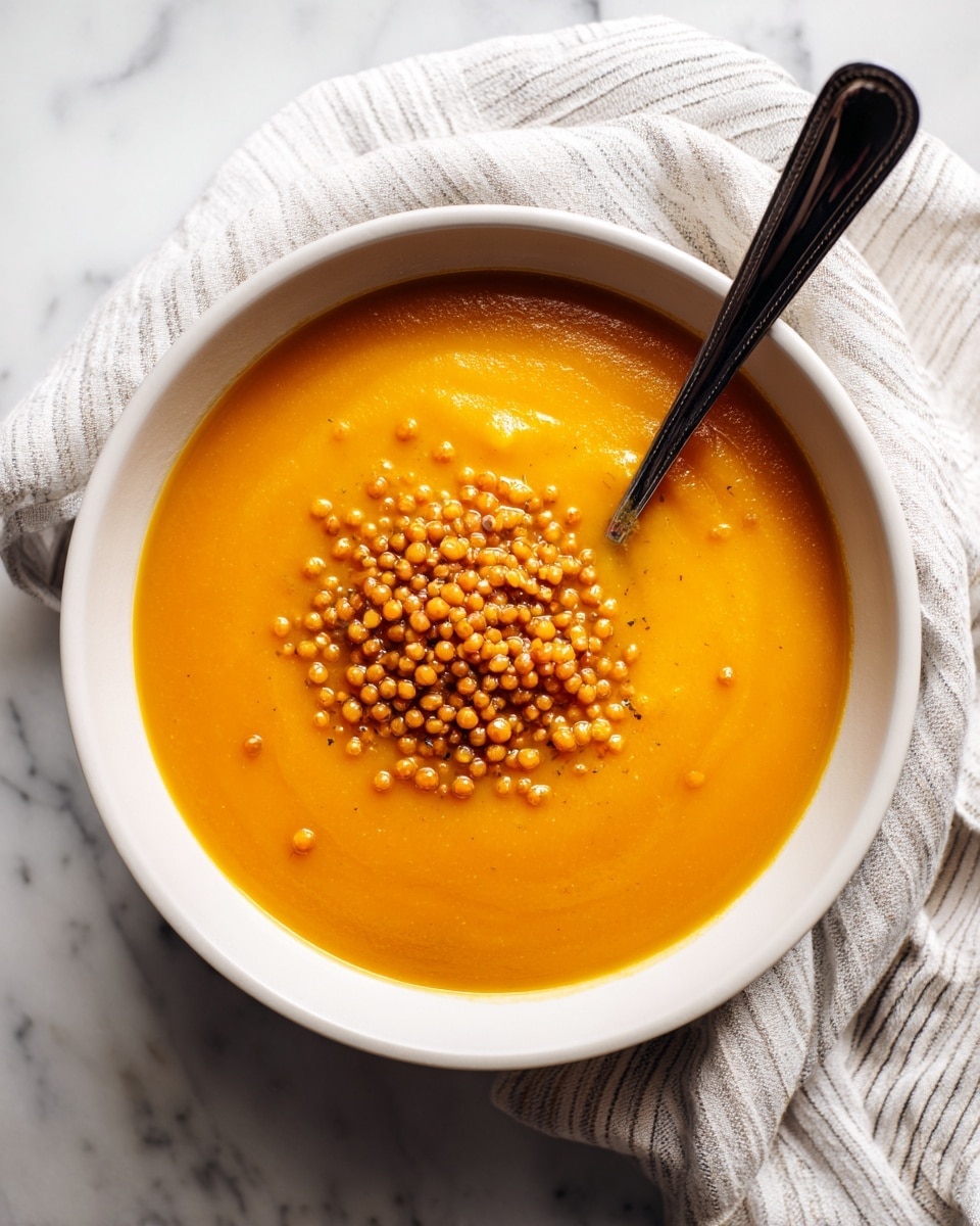 A white bowl filled with a thick, bright orange soup that looks smooth in texture. On top, there is a large heap of small, round, white grains placed in the center, covering part of the soup. A black spoon with a shiny handle rests inside the bowl, with its handle pointing outwards. The bowl is sitting on a white marbled surface next to a striped white and gray cloth. The overall scene looks warm and cozy. Photo taken with an iphone --ar 4:5 --v 7
