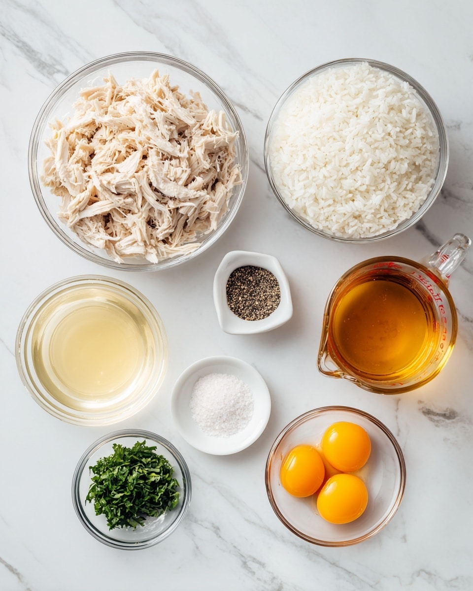 The image shows nine clear glass and white ceramic containers arranged on a white marbled surface, each containing different ingredients. On the left, a large clear glass bowl holds shredded light brown cooked chicken. Next to it, a medium clear glass bowl is filled with fluffy white rice. Below these, a small clear glass bowl contains translucent yellow liquid, and two small white ceramic bowls hold coarse black pepper and white salt. On the right side, a clear glass measuring cup is filled with amber-colored broth. Near the front, another small clear glass bowl holds finely chopped green herbs, and one more small clear glass bowl contains two bright orange egg yolks. The setup is clean and organized, focused on fresh ingredients. photo taken with an iphone --ar 4:5 --v 7