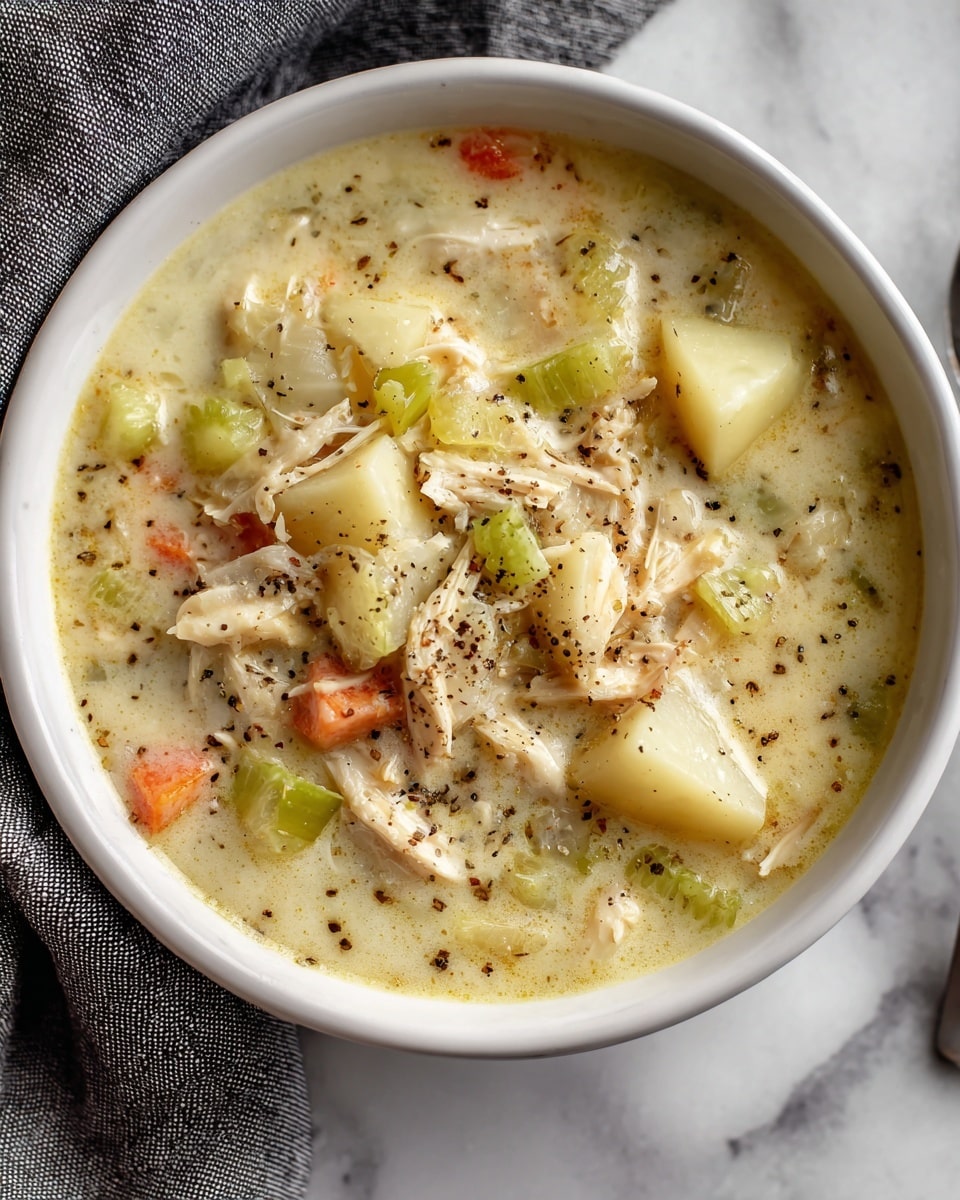 A white bowl filled with thick creamy chicken soup, with visible chunks of tender chicken pieces mixed with soft potato pieces and small bits of celery in a pale yellow broth, all topped with a sprinkle of black pepper. The bowl is placed on a white marbled surface, and a gray cloth is partially visible to the side. photo taken with an iphone --ar 4:5 --v 7