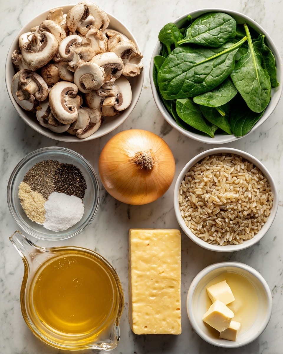 The image shows a top view of various cooking ingredients neatly arranged on a white marbled surface. On the top left, there is a white bowl full of sliced brown mushrooms with light beige centers and soft textures. To the right of it, another white bowl holds fresh green spinach leaves with smooth surfaces. Below the spinach, a whole yellowish onion sits on the marble. Near the center, a small glass container holds a mix of coarse salt and black pepper. To the right of this container, a small white bowl has brown rice grains with a rough texture. Below the onion and salt, a clear glass measuring cup shows pale yellow chicken broth with a liquid shine. Next to the broth, there is a small yellow cube of butter, a puddle of golden yellow olive oil in a clear dish, a white bowl with cream, and a wedge of pale yellow Parmesan cheese with a hard texture placed at the bottom right. The overall composition is clean and well organized. photo taken with an iphone --ar 4:5 --v 7