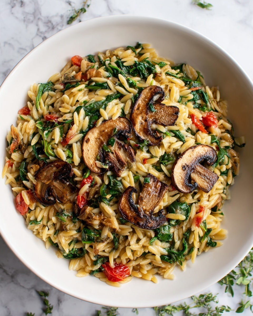A white bowl filled with a serving of orzo pasta mixed with cooked spinach and small pieces of tomato. On top, there are several grilled mushroom slices, browned and slightly charred for texture. The orzo is golden and slightly glossy, mixed evenly with green spinach leaves, and scattered bits of red tomato add color contrast. The bowl sits on a white marbled surface with some green herbs around. photo taken with an iphone --ar 4:5 --v 7