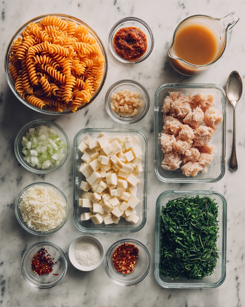 The image shows a white marbled surface with several clear glass bowls and a glass jug arranged in rows. There is a large bowl of orange spiral pasta at the top left, next to a small bowl of red paste and a jug filled with light brown broth at the top right. Below these, there is a rectangular glass tray filled with small pieces of raw chicken, a small bowl of white cubes of butter, and a container filled with chopped green spinach. Near the bottom left is a bowl of finely chopped white onions, followed by a small bowl of white powder that looks like flour or cream. Scattered around are small bowls with finely chopped garlic, thin red chili strips, light cream sauce, black pepper, and red chili flakes. The arrangement is neat and colorful with layers of ingredients showing different textures and colors. A woman’s hand holds a spoon towards the top right. photo taken with an iphone --ar 4:5 --v 7