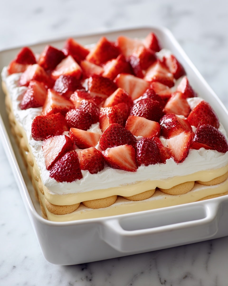 A white rectangular dish shows four stages of a layered dessert on a white marbled surface. The first layer is a single layer of round golden cookies evenly covering the bottom of the dish. On top is a thick, smooth, creamy pale yellow layer spread evenly over the cookies. Next, fresh red strawberry slices are placed across the entire surface, creating a bright red, juicy layer above the cream. The final top layer is a smooth, thick layer of white whipped cream spread evenly to cover the strawberries completely. photo taken with an iphone --ar 4:5 --v 7
