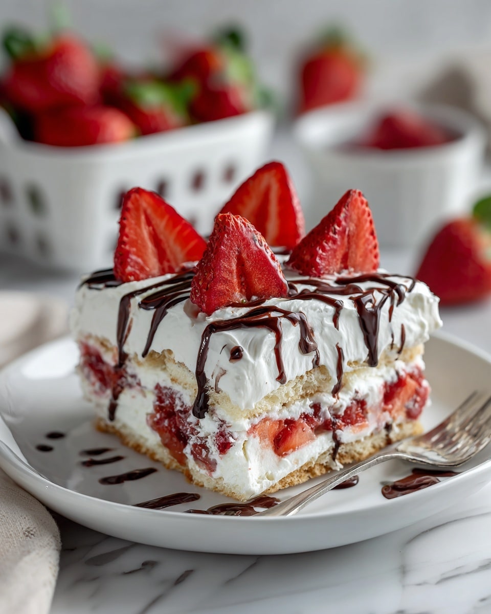 A slice of layered strawberry dessert sits on a white plate over a white marbled surface. The dessert has three visible layers: a bottom biscuit layer with pieces of strawberries, a middle white creamy layer mixed with strawberry bits, and a top thick white creamy layer. The top is decorated with several halved red strawberries arranged evenly, and there are streaks of dark chocolate sauce drizzled over the strawberries and cream. In the background, a white basket filled with whole strawberries is blurred. Photo taken with an iphone --ar 4:5 --v 7