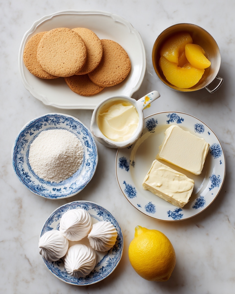 A white marbled surface holds various ingredients arranged neatly: on the top left, a white plate filled with several round, light brown biscuits stacked loosely; top right, a small metal saucepan with bright yellow cooked peaches; near the center, a small white plate with blue floral designs holds two square slices of pale yellow butter, next to it is another similar plate piled with thick white cream cheese; below these, a white cup with a yellow handle contains smooth white cream; to the left, a small white plate with blue patterns holds a mound of fine white powdery sugar; bottom left, three white meringue cookies with swirled, crisp edges; and at the bottom right sits a whole bright yellow lemon. photo taken with an iphone --ar 4:5 --v 7