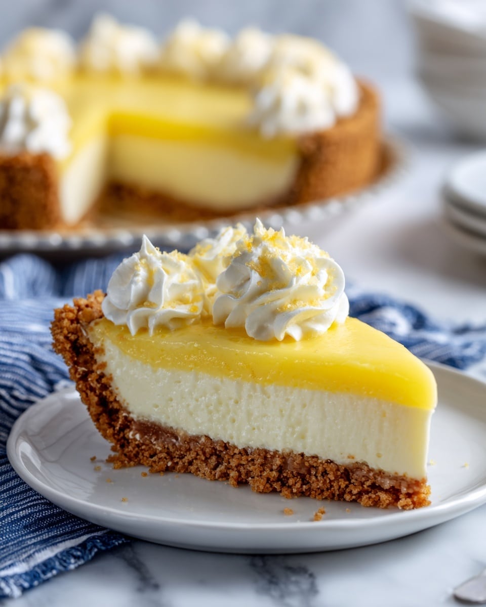 A slice of pie with three clear layers: the bottom is a light brown crumb crust with a rough texture, the middle layer is a thick creamy off-white filling, and the top layer is a smooth, bright yellow glossy topping. On the very top, near the wide edge, there is a small swirl of white whipped cream. The slice sits on a white plate, and in the background, part of the whole pie is visible with the same layers and whipped cream swirls. The whole setting is on a white marbled surface with a blue striped cloth nearby. photo taken with an iphone --ar 4:5 --v 7