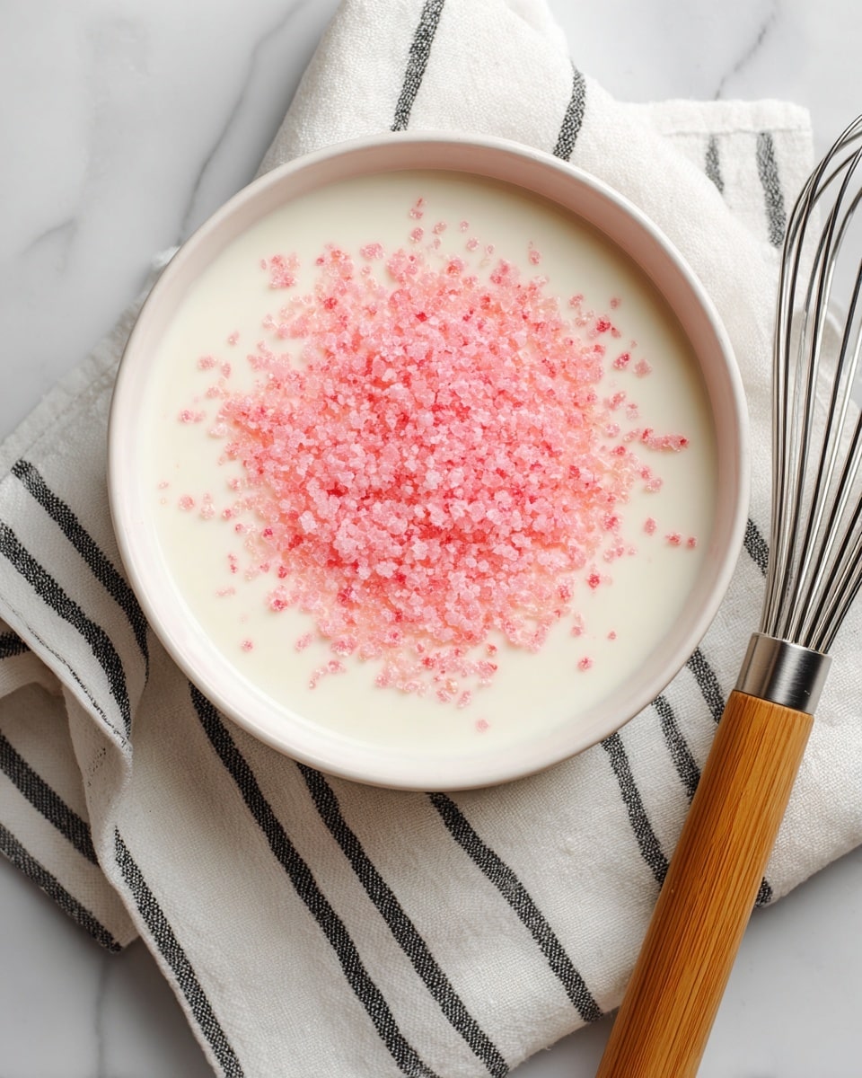 In a white bowl, there is a base layer of thick, white cream with a smooth texture. On top of the cream, slightly off center, there is a pink, granulated substance that looks like finely crushed ice or sugar, creating a rough texture and contrast with the smooth cream. The bowl is placed on a white cloth with black stripes, and a metal whisk with a wooden handle rests nearby on a white marbled surface. photo taken with an iphone --ar 4:5 --v 7