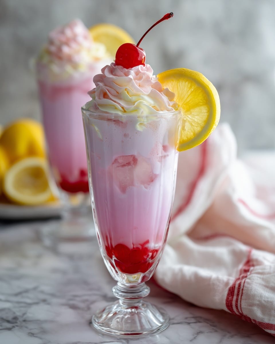 The image shows a tall clear glass with three visible layers. The bottom layer is a pink liquid with ice cubes, the middle layer is a lighter pink creamy mix, and the top layer is a swirl of light pink whipped cream. On top of the whipped cream sits a shiny red cherry and a bright yellow lemon slice is placed on the glass rim. In the background, there is another similar glass and a white cloth with red stripes on a white marbled surface. photo taken with an iphone --ar 4:5 --v 7