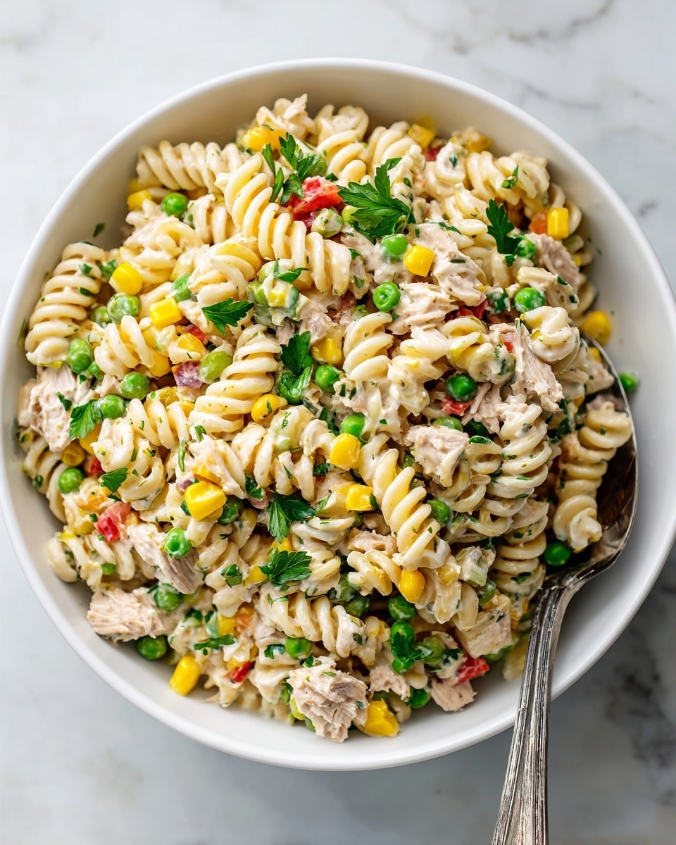 A white bowl filled with a colorful pasta salad made of spiral rotini pasta, green peas, yellow corn kernels, small pieces of red bell pepper, and chunks of light brown tuna mixed in a creamy white dressing. Fresh green parsley leaves are scattered on top, adding a touch of brightness. A silver spoon is partially visible, scooping some of the salad from the right side. The bowl is placed on a white marbled surface. photo taken with an iphone --ar 4:5 --v 7