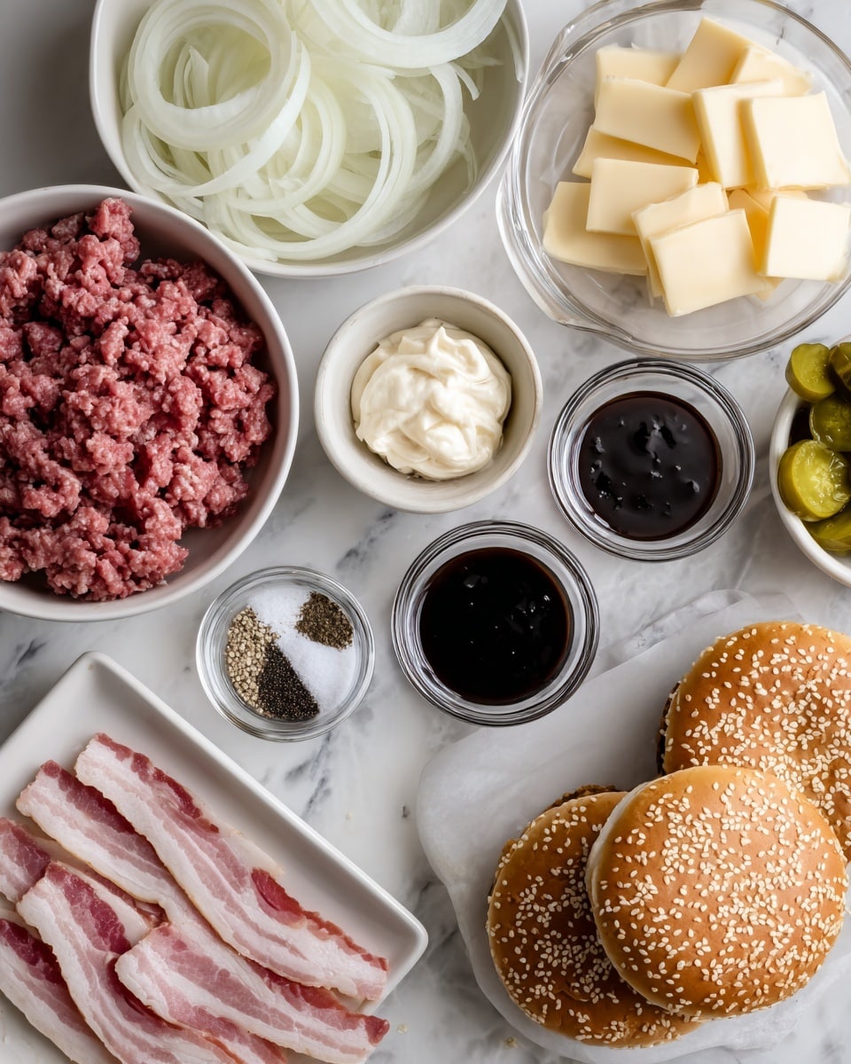 The image shows several ingredients for making burgers, arranged on a white marbled surface. There are two white bowls, one filled with thin white onion rings and the other with pink ground meat. Nearby are small glass bowls with black sauce, white salt and black pepper mix, sliced green pickles, and a pale creamy spread. A white bowl holds several pale yellow slices of processed cheese. A small bowl contains several strips of raw bacon with pink and white marbling. Two sesame seed burger buns, one whole and one halved, are placed at the bottom right. The scene is well-lit with soft natural light. photo taken with an iphone --ar 4:5 --v 7