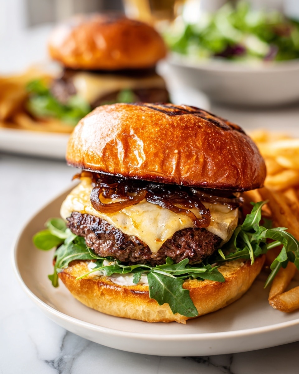 A close-up of a burger on a white plate with golden fries on one side. The burger has a toasted golden-brown bun top with grill marks. Inside, there is a dark brown beef patty topped with a slice of melted pale yellow cheese, dark caramelized onions, and green leafy arugula. The bottom bun is toasted with a light brown color and crisp texture. The background shows a white marbled surface with blurred out second burger and some green salad. Photo taken with an iphone --ar 4:5 --v 7