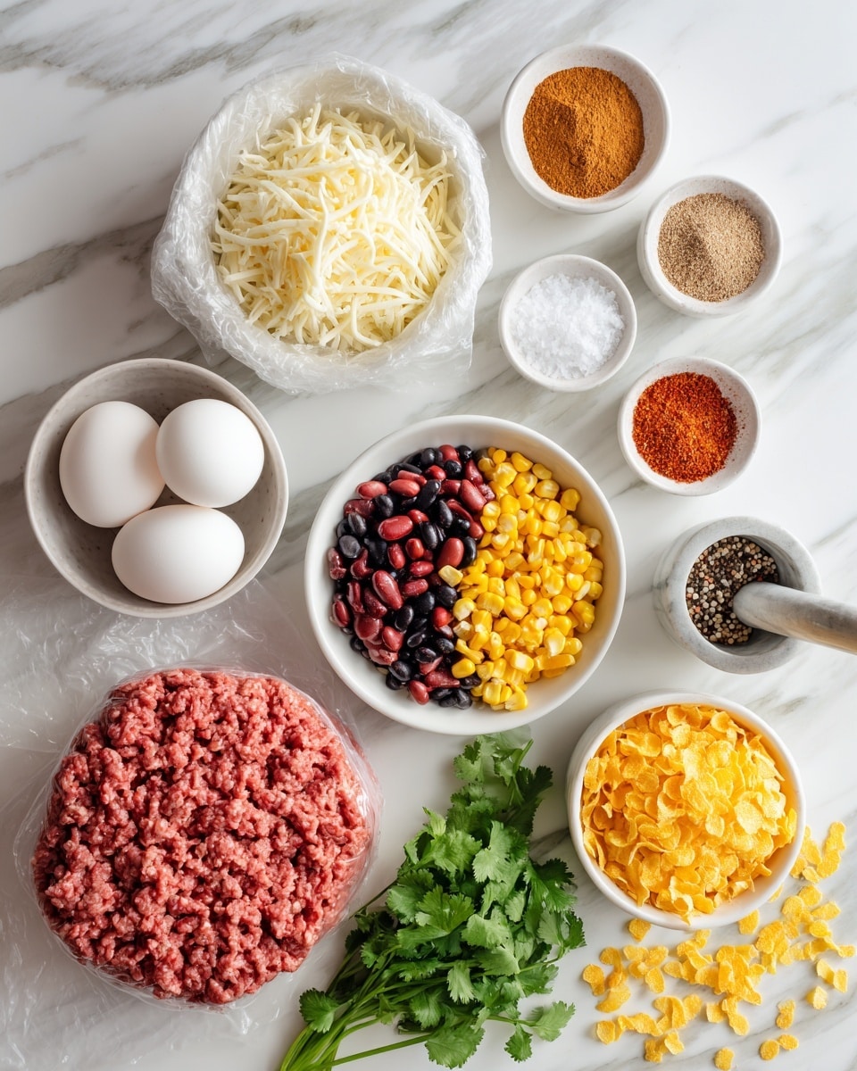 The image shows raw ingredients arranged on a white marbled surface. On the left side, there is a large portion of raw ground beef on white plastic wrapping. Above it, a white ceramic bowl is filled with shredded white cheese, while to the right, another white bowl contains four spice powders in separate sections including red, brown, and beige. Near the center, a white bowl holds a colorful mixture of corn, black beans, and red beans. Two white eggs are placed near the center and right side. Below the eggs is a white bowl filled with fresh green cilantro leaves. To the right, a round white container holds coarse salt, and a marble mortar contains cracked black pepper. At the bottom right, a white bowl is brimming with yellow crushed cornflakes, with some spilled on the surface. Photo taken with an iphone --ar 4:5 --v 7