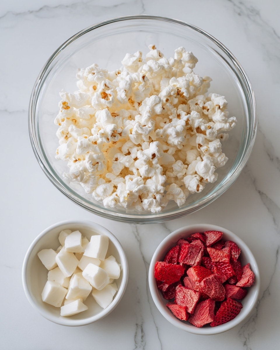The image shows a clear glass bowl filled with white and fluffy popcorn sitting on a white marbled surface. Below the large bowl, there are two smaller white bowls side by side. The bowl on the left contains small white chunks, while the bowl on the right is filled with bright red dried strawberry slices. The background and surface all have a clean white marble texture. photo taken with an iphone --ar 4:5 --v 7