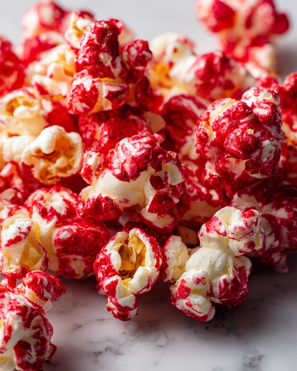 The image shows a close-up of popcorn coated in a bright red candy layer with white melted cheese gently draping over the top. The popcorn pieces are grouped closely, showing their fluffy and crunchy texture. The red candy coating looks shiny and smooth, contrasting with the creamy melted cheese that is slightly stringy and soft. The background is a white marbled texture, giving a clean look to the colorful snack. Photo taken with an iphone --ar 4:5 --v 7
