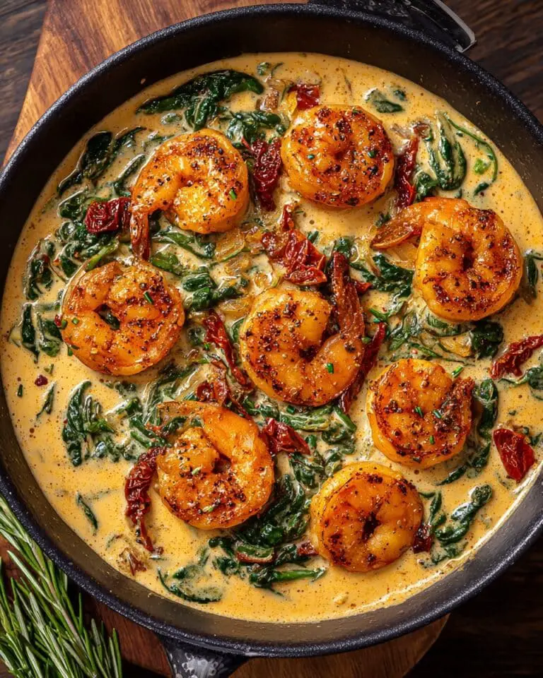 Tuscan Shrimp in Creamy Garlic Sauce with Spinach and Sun-Dried Tomatoes Recipe