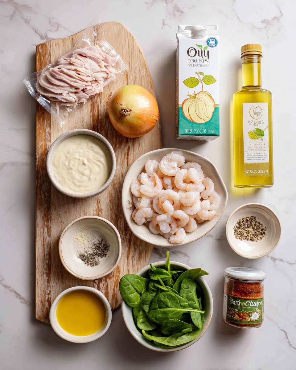 A white marbled surface with a wooden board holding ingredients for cooking. At the top left, a bag of thinly sliced turkey is partly open. Next to it on the right, a carton of organic cooking cream stands beside a yellow onion and a glass bottle of Santa Cruz apple cider vinegar. At the top right, a pile of raw shrimp fills a white bowl. Below, a small bowl of creamy white sauce, a small dish with black pepper, a bottle of olive oil, fresh green spinach leaves, a yellow bottle of mustard, and a jar of red and green flavored sauce are arranged neatly. The photo taken with an iphone --ar 4:5 --v 7