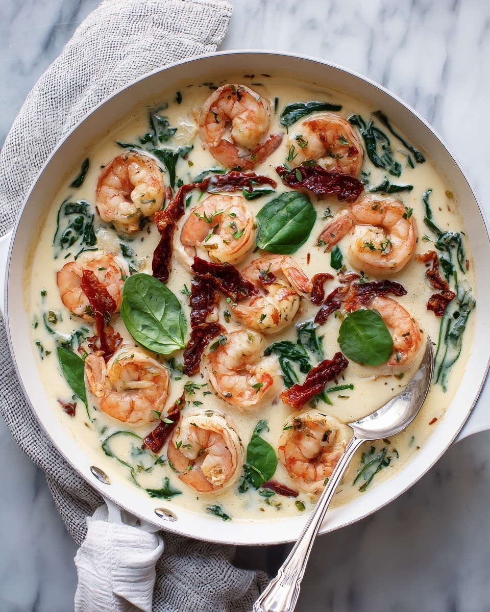 A white pan filled with a creamy sauce covered in large pink shrimp arranged in a circular pattern. There are dark red sun-dried tomatoes and bright green spinach leaves layered lightly on top, adding texture and color. The sauce looks smooth and rich, with visible herbs mixed throughout. A silver spoon rests on the side, partially submerged in the sauce. The pan sits on a white marbled surface next to a white and gray cloth. photo taken with an iphone --ar 4:5 --v 7