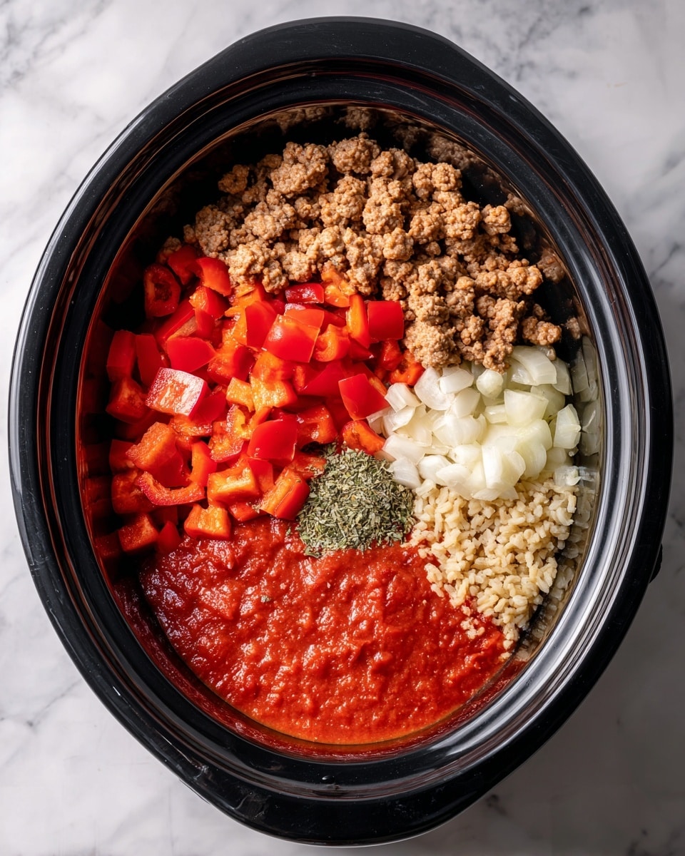 Inside a black slow cooker, there are six visible sections of ingredients arranged side by side. At the top are cooked ground beef pieces in light brown color with a slightly crumbly texture. Below the beef, bright red diced bell peppers are next to some fresh tomato chunks, both with shiny surfaces. To the right of these red vegetables are cooked pale yellow onion pieces mixed with small bits of garlic. Next to the onions, there is a small pile of dried green herbs with a fine texture. At the bottom right corner, light tan grains of rice are visible. Covering the bottom left corner is a thick layer of smooth red tomato sauce with a slightly glossy look. The slow cooker sits on a white marbled surface. Steam rises gently from the ingredients. photo taken with an iphone --ar 4:5 --v 7