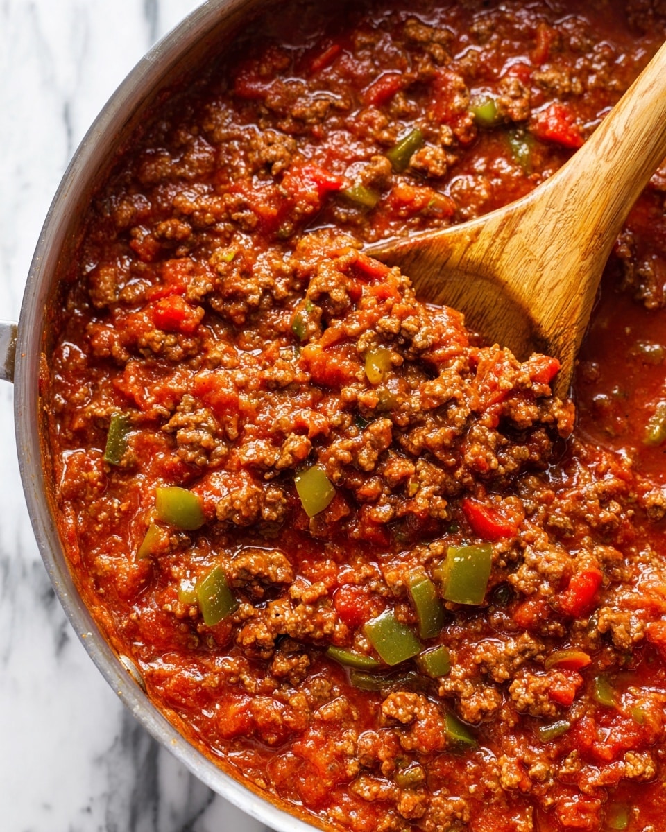 This image shows a close-up of a thick, chunky tomato meat sauce. The sauce has small pieces of browned ground meat mixed evenly throughout, along with bits of green and red bell peppers. The texture is rich and hearty with visible seeds and tomato chunks. A wooden spoon is partially visible, dipped into the sauce from the right side. The background is a white marbled surface. photo taken with an iphone --ar 4:5 --v 7