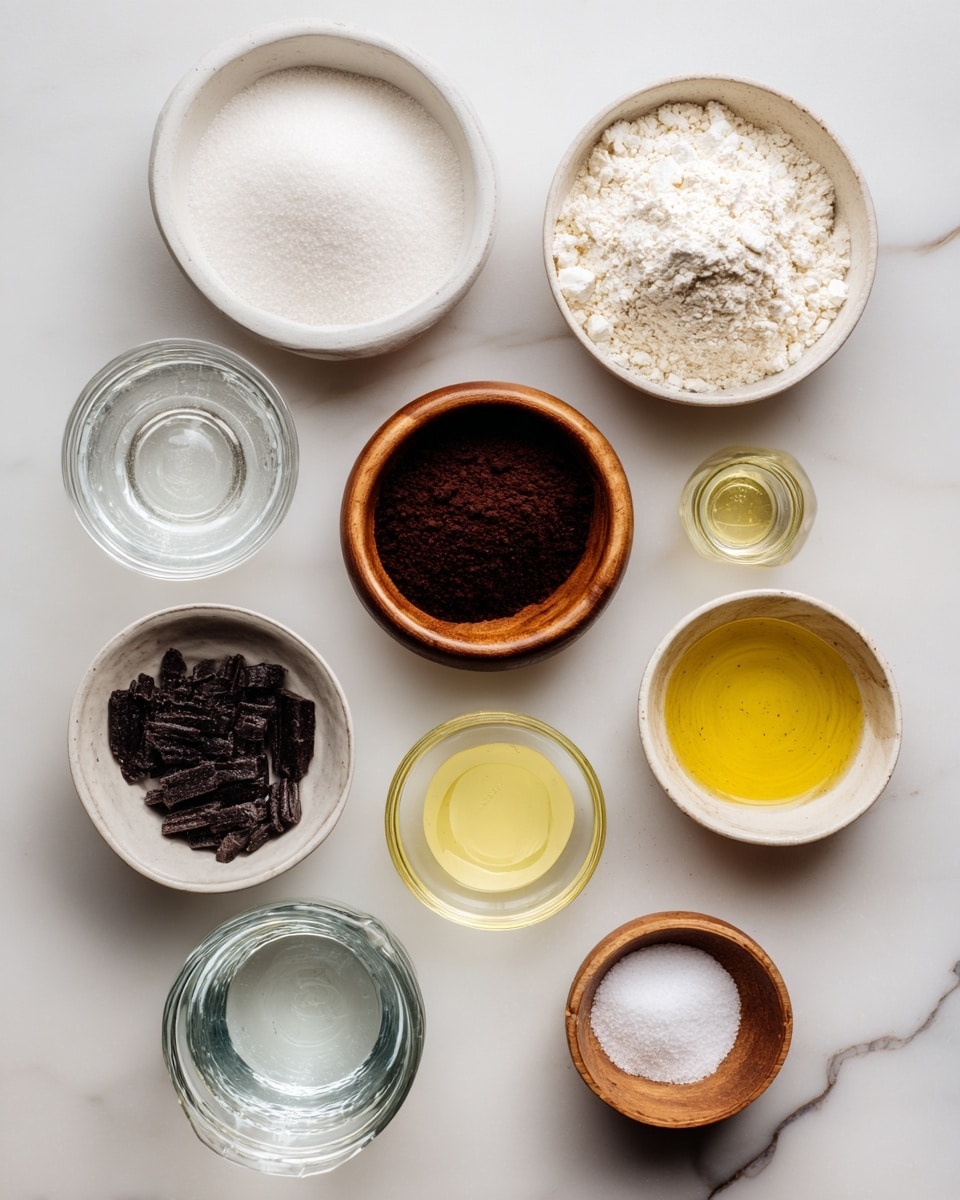 A top view of various clear and white small bowls arranged on a white marbled surface, each filled with different baking ingredients including white sugar, off-white flour in a white bowl, a transparent liquid in a small container, a dark brown powder, a light yellow liquid, white salt in a small wooden bowl, and a measuring glass filled with water. The bowls are scattered neatly in a vertical pattern with a minimal and clean look photo taken with an iphone --ar 4:5 --v 7