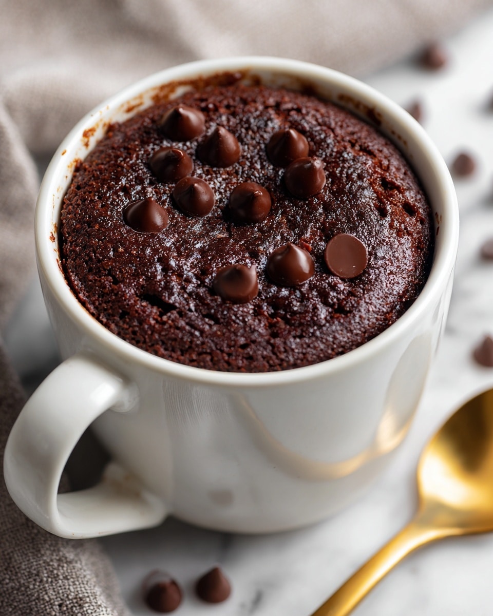 The image shows a white mug filled with a rich, dark brown chocolate cake topped with several glossy chocolate chips scattered on the surface. The cake looks soft and moist with small cracks on the top, giving it a slightly rough texture. A white marbled background is visible behind the mug, and a golden spoon lies next to it on the right side. Photo taken with an iphone --ar 4:5 --v 7